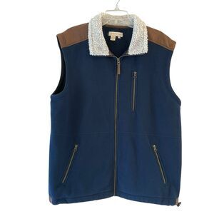 Fleece Vest Men's XL Sherpa Lined Mock Neck Faux Leather Trim Navy Blue Zip Up